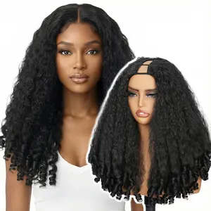 Afro Curly V Part Wig, 1B 24" Synthetic Kinky V Part Wig, 180% Density Afro V Part with Curly Ends Wear and Go Glueless Clip in