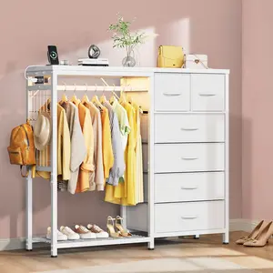Dresser with Hanging Rack, 4 Drawers Small Closet for Bedroom, Reversible Fabric Chest of Drawers with Clothes Rack, Tall Storage Tower, Sturdy Frame