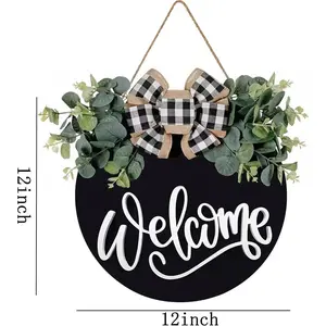 Welcome Sign for Front Door Porch Decor Farmhouse Wreath Wall Decor Φ30cm Round Wooden Hanging Housewarming Home Decor for Indoor Outdoor (Black)