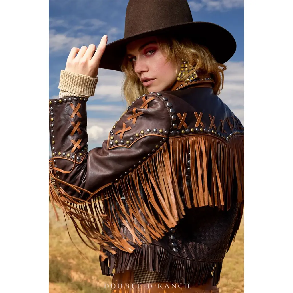 Women's Brown Genuine Leather Fringe Western Jacket Cowboy Style Zip-Up Coat