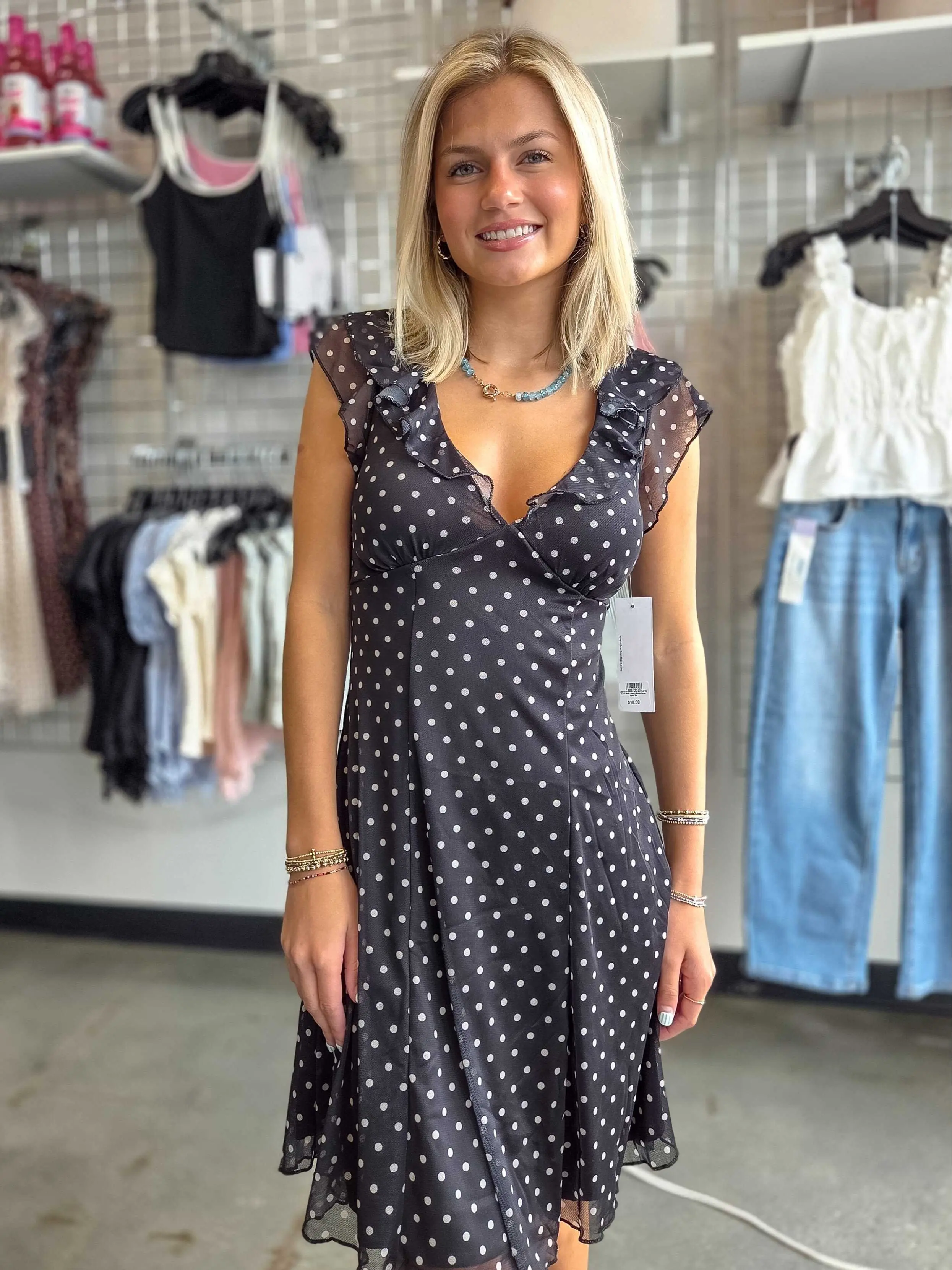 Women's Polka Dot Ruffle Sleeve A-Line Mini Dress, Lightweight Comfortable Fabric, Short-Sleeve Everyday Casual Dress