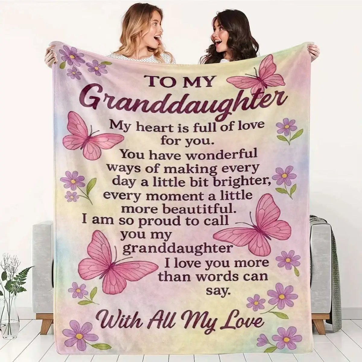 To My Granddaughter Gift Soft Cozy Flannel Throw Blanket - Pink Butterfly Floral Love Letter Print Plush, Warm Fuzzy for Bedroom Sofa, Perfect Birthday Graduation Holiday Gift from Grandma Grandpa, Home Decor Blankets, Throw Blankets