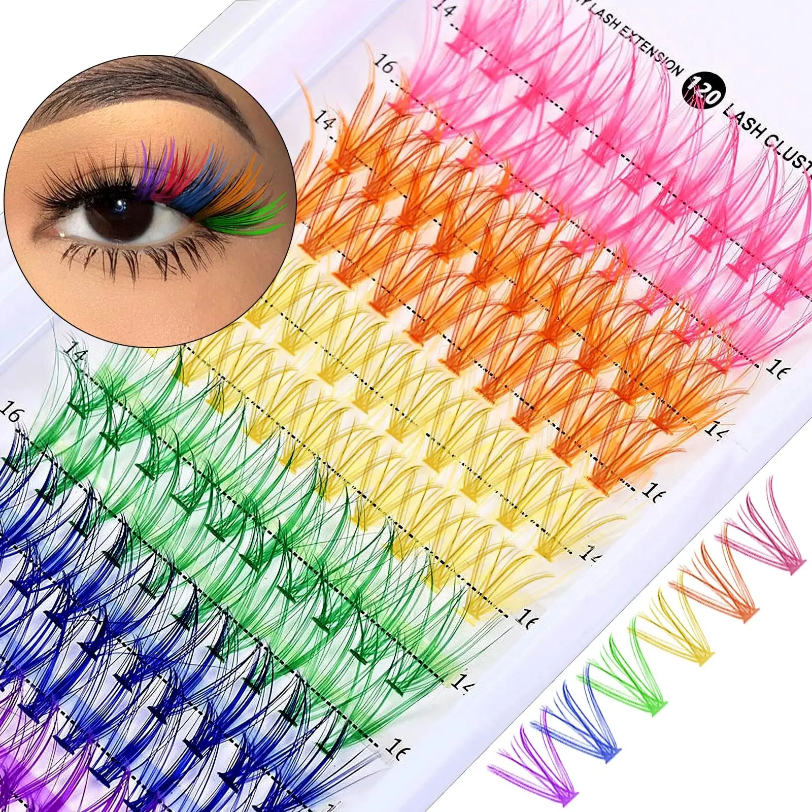 2 Pairs Fairy Style Colorful Eyelash Bundles, False Lashes, Single Fiber Lash Kit, 6 Rainbow Colors, 14/16mm, DIY Makeup Accessories, Eyelash Extensions