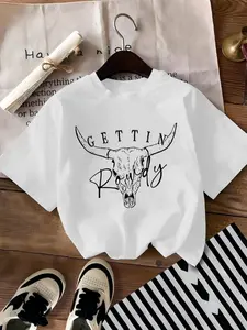 Bull Head & Letter Print Round Neck Tee, Fashion Casual Drop Shoulder Short Sleeve T-shirt, Ladies Summer Clothes for Daily Wear, Casual Comfy Top