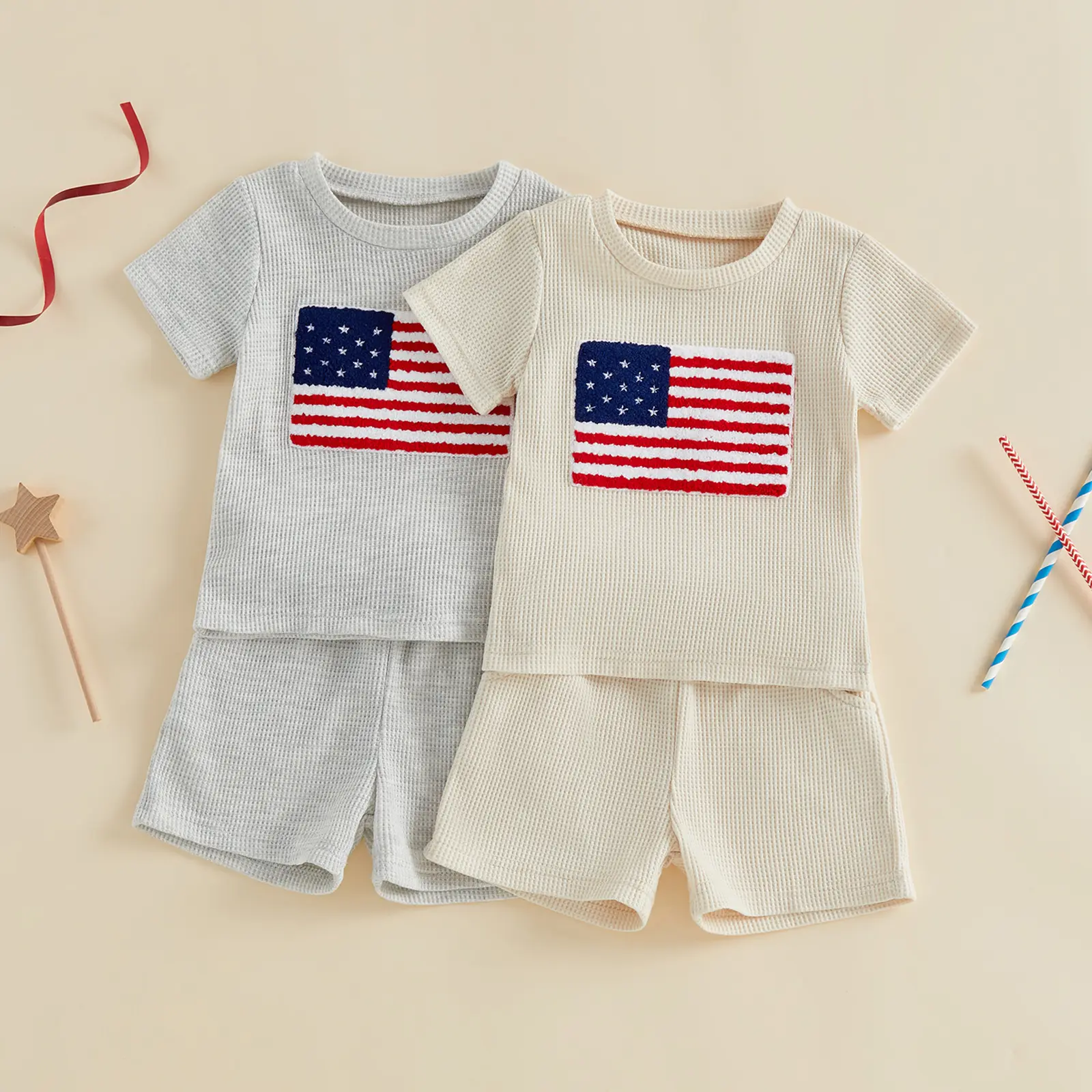 Babamoon Kids Toddler Baby Boys 4th of July Outfits Set Flag Embroidery Waffle Short Sleeves T-Shirt Tops and Shorts Set 2pcs Summer Clothes Set 6M-4Y