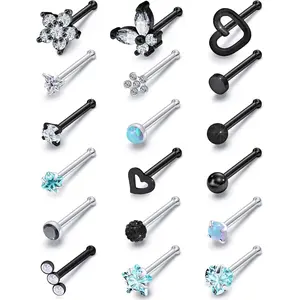 nose rings surgical steel nose ring 20G nose studs hypoallergenic cute flat opal flower diamond heart nose ring straight l shaped purple,pink,black,silver nose ring for women men gift