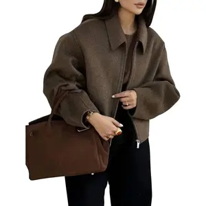 Womens Cropped Wool Jacket Plain Zipper Short Pea Coats Fall Winter Trendy Tweed Jackets 2025 Can be used with raincoat