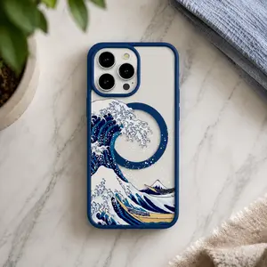 Aesthetic MagSafe-Ready Magnetic Smartphone Cover, Anti-Fall Ultra-Thin Casing Accessory with Screen Protection for iPhone 11/12/13/14/15/16/17 Pro Max (The Great Wave Off Kanagawa Design)