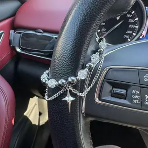 Car Decoration Set, Shiny Star Beads & Silver Color Chain Steering Wheel Decor, Gift for Car Mirror, Automotive Pendant Accessory
