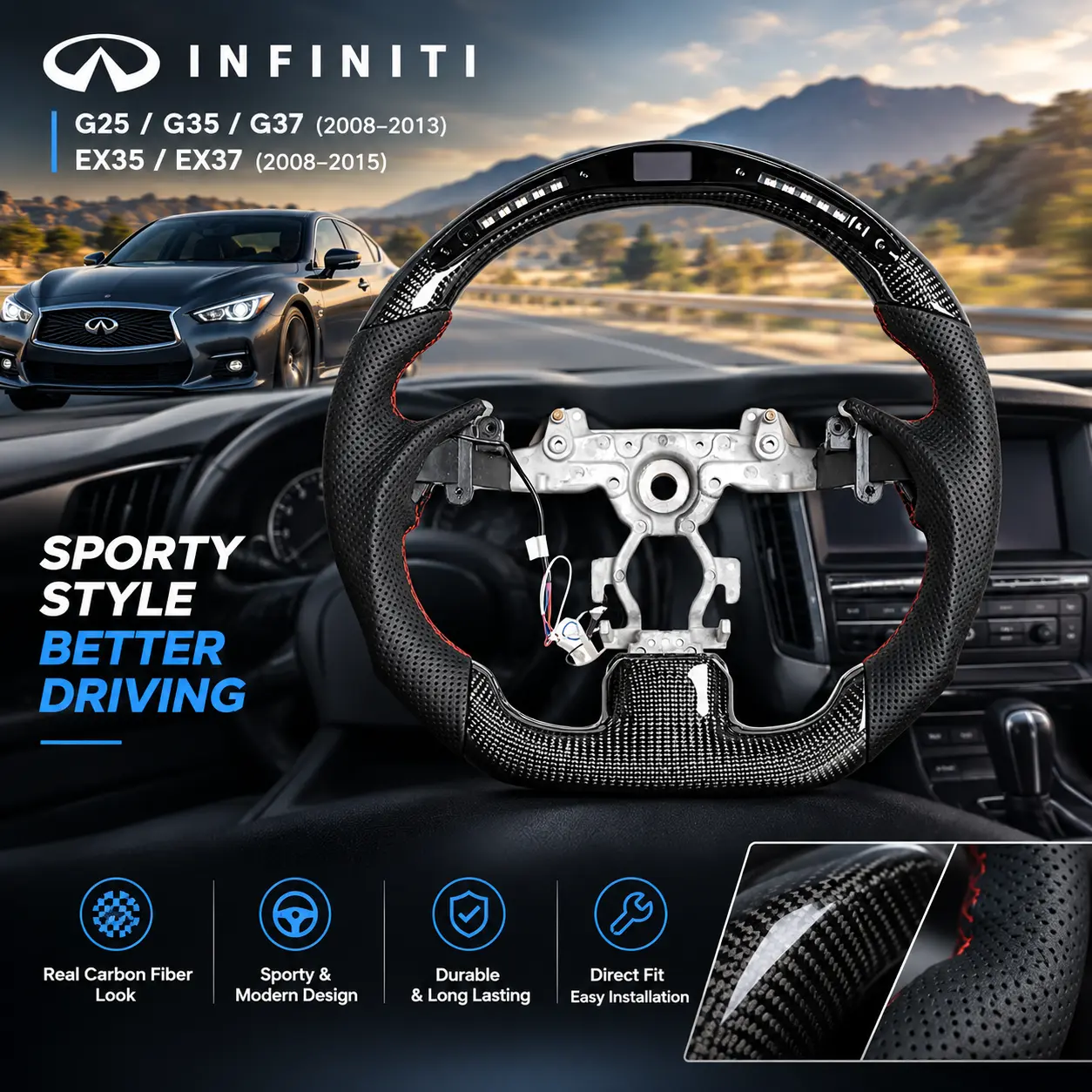 led Steering Wheel With Replacement Trim Fit for Infiniti G25 G35 G37 2008-2013 EX35 EX37 2008-2015 Automotive Car Steering Wheel white  steering  wheel Carbon Fiber  hood Leather Wheel Cover for GMC breathable ultra thin fit