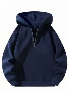 Men's Solid Color Half-Zip Drop Shoulder Hoodie Pullover, Casual Long Sleeve Hooded Sweatshirt, Unisex Comfortable Fitted Regular Fit for Leisure