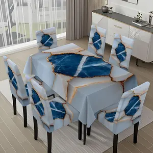 5/7-piece 2D Flat Printing Blue and White Cracked Splicing Printing Pattern Tablecloth and Chair Cover Set, Dining Chair Slipcover, for dining table and chair decoration, perfect for home, holiday gatherings, restaurants, and parties.
