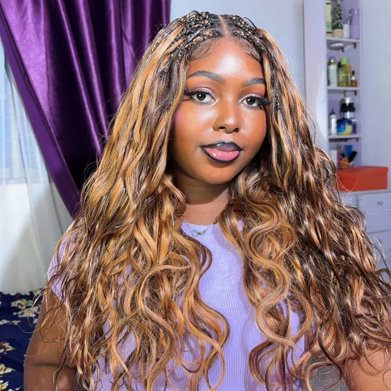 uBraids 24" Full Lace Glueless Blend Human Hair Loose Body Wave Curls Boho Box Braided Wig With Human Hair Baby Hair & Drawstring