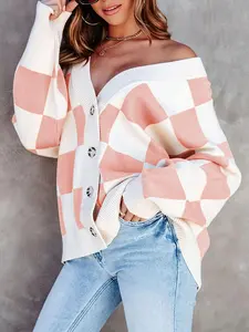 Women's Checkerboard Button Down Cardigan, Casual Long Sleeve V Neck Loose Knit Coat, Women's Trendy Y2K Knitwear for Fall & Winter, Cardigans for Women