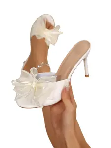 Women's Bow Heeled Mules, French Luxury Style, Open Toe Sandals, Summer Evening Party Shoes, Leather High Heels
