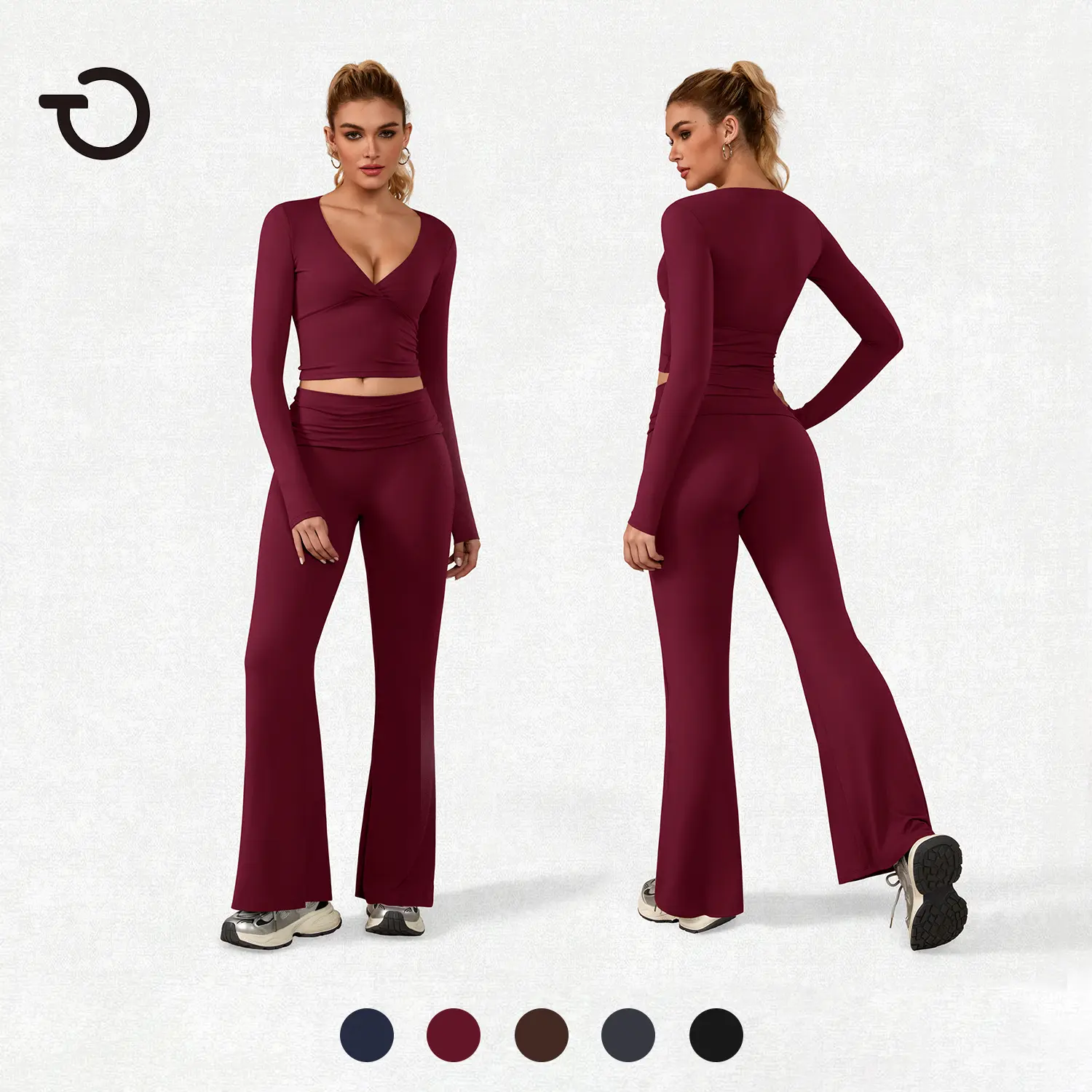 TimeOFF Women's 2 Piece Set, Stretchy Nylon-Spandex Athleisure Wear with Long Sleeve Plunging V-Neck Top & High-Waist Flipped Waistband Flared Leggings, Casual Fitness Wear, Woman 2 Piece Set, Multifunctional Sportswear, Two Piece Set, Women's Workout Set