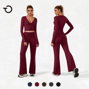 TIMEOFF Women's 2-Piece Long Sleeve Plunging V-Neck Set with Flipped Waist High-Waist Flared Leggings for Gym & Street Yoga Workout Activewear