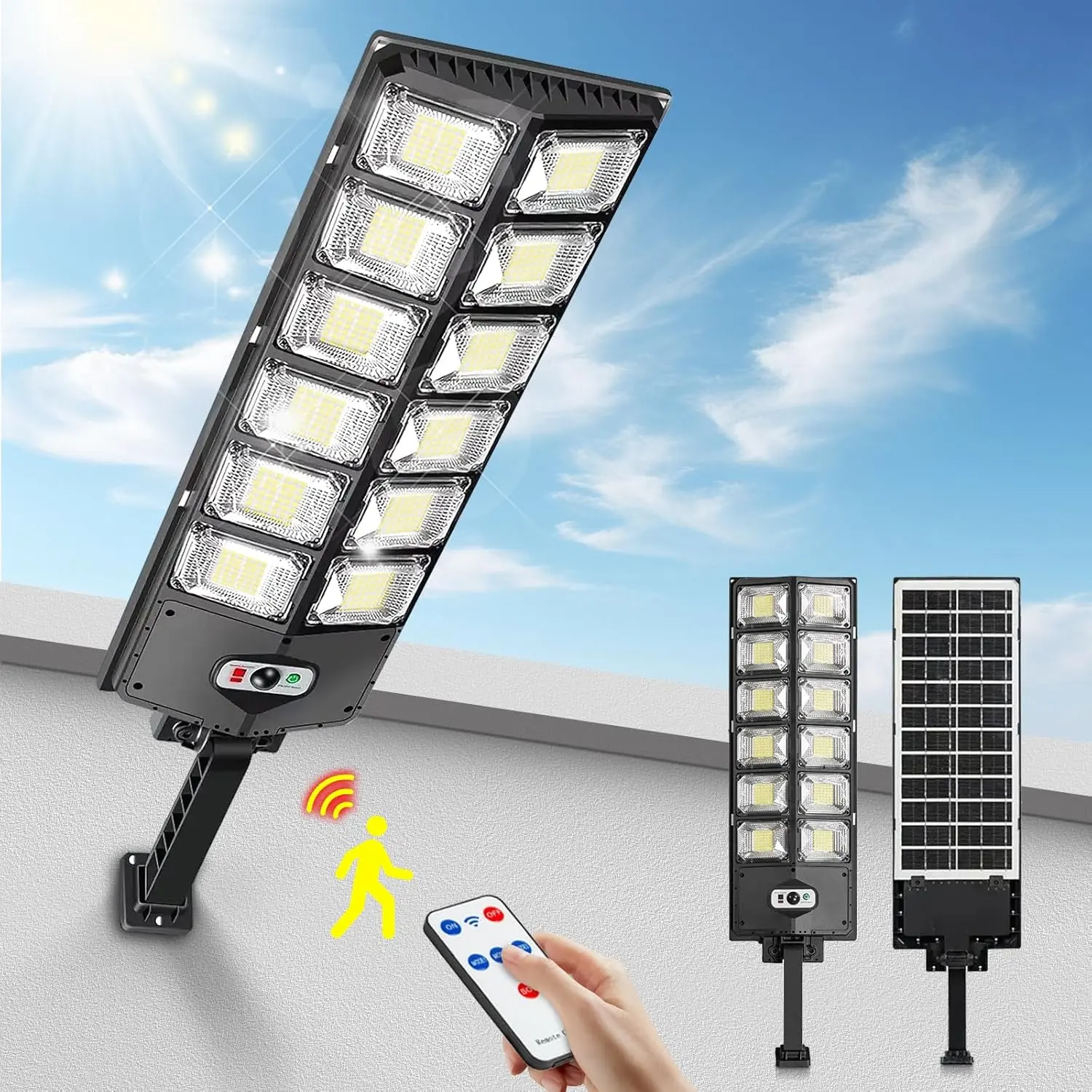 LED Solar Street Lights Outdoor Waterproof, 12000LM Brightness, 6500K Daylight White, Dusk-to-Dawn Motion Sensor with Remote Control for Yard, Garage, Front Door, ip65 water resistant