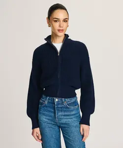 Cotton Fisherman Cinched Waist Zip Up Sweater