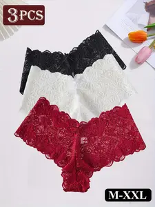 Women's Underwear Set, 3-Pack Hipster Panties, Soft Breathable Low-Waist Comfort, Sexy Fitted Plain Design, All Seasons Wear, Lace Panty