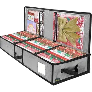 Christmas Wrapping Paper Storage Bag, 40" Durable PE Gift Wrap Storage Bag with Flexible Partitions and Pockets for Ribbon, Accessories (Grey)