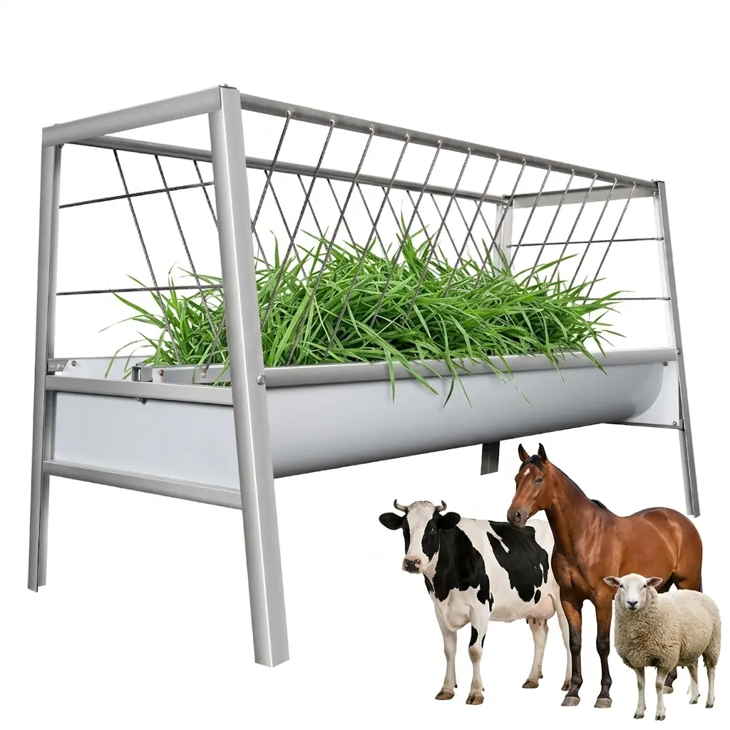 2-in-1 Large Steel Alloy Pasture Hay Feeder - 55-Gal Pasture Feeding Hay Trough with 22-Gal Feed Pan, High-Temp Resistant Horse Accessory Kit with High Temp Coat, Easy-Assembly Livestock Storage Feeder