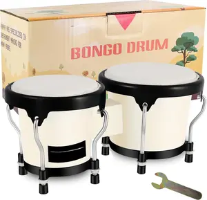 Bongo Drum 4'' and 5'' Set for Adults Beginners Tunable   Bongos Percussion Instruments With Tuning Wrench and  Box (White)