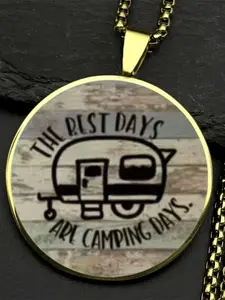 'The Best Time Is Camping' RV Necklace, Zinc Alloy + Clear Glass Pendant, Jewelry for Camping Enthusiasts, Vintage Outdoor Adventure Gift.