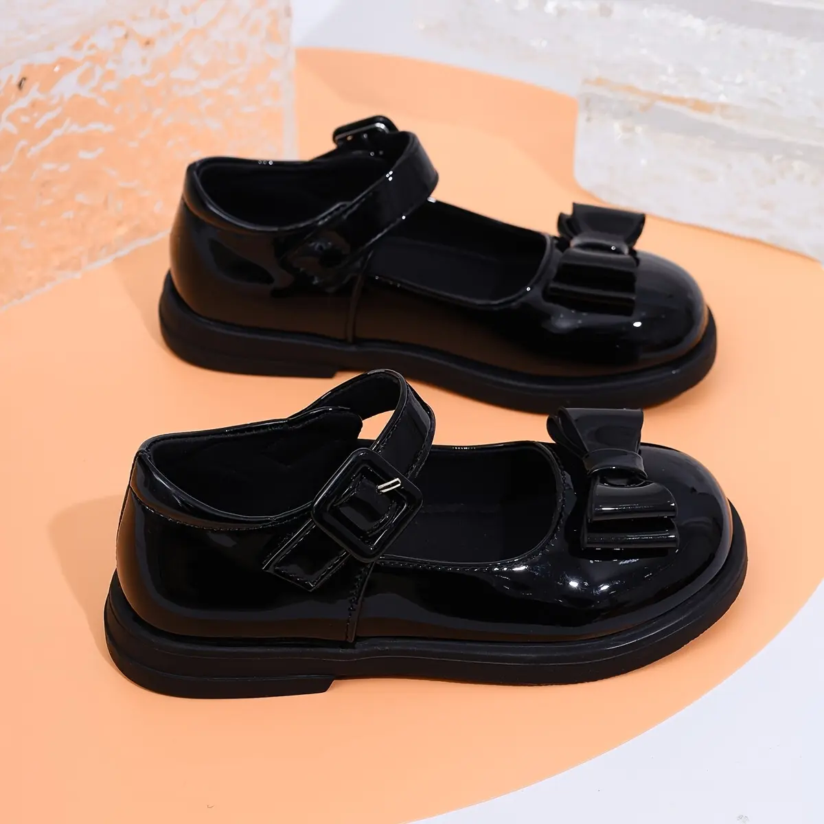 (New)1 Pair of Black Princess Mary Jane School Uniform Shoes for Girls - Soft Sole, Non-Slip, Glossy Finish with Bow Detail, Round Toe, Ankle Strap Closure, All-Season Wear, Uniform Footwear |           Princess Style Shoes |           Durable Sole Shoes