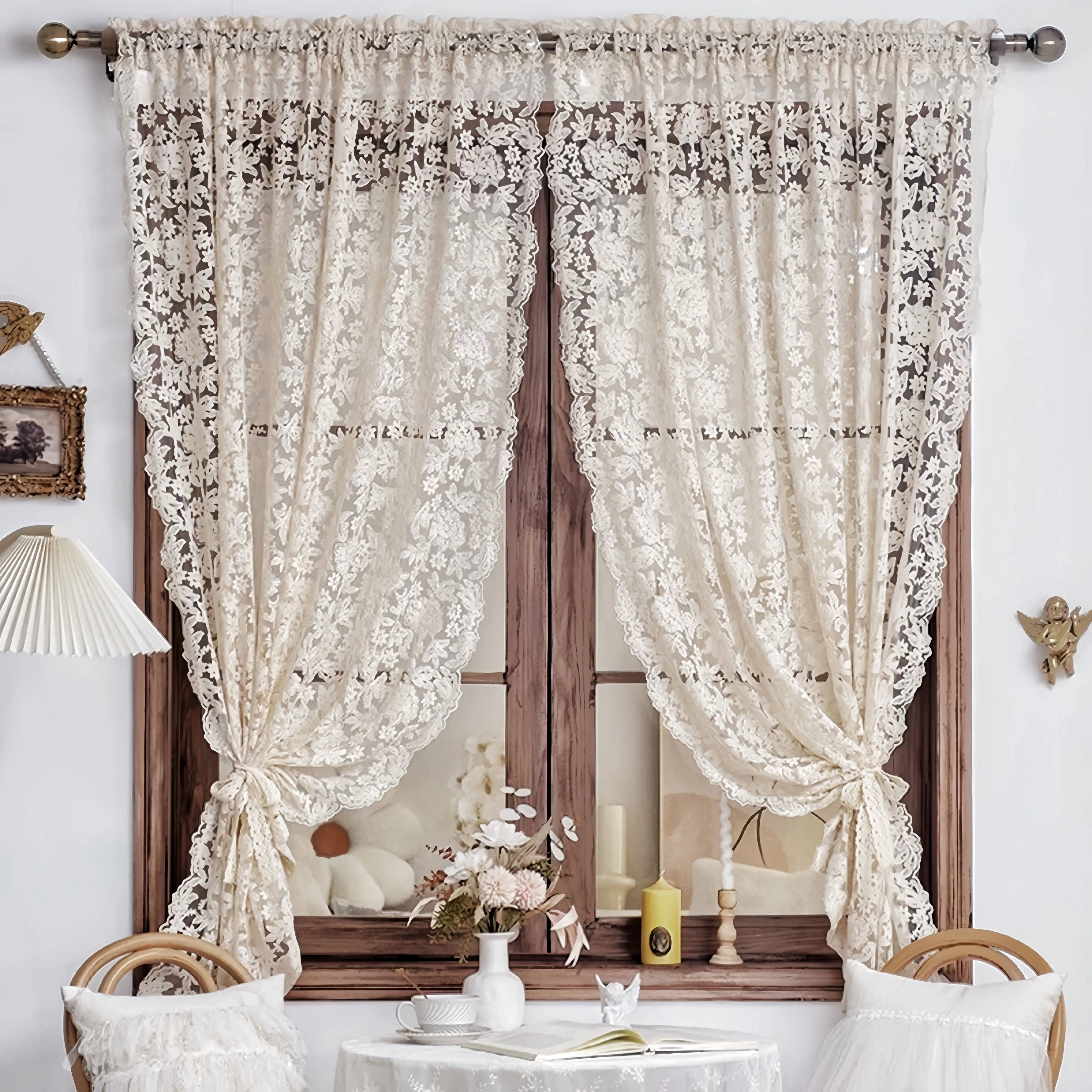2 Panels Elegant Floral Beige Sheer Curtains for Bedroom Romantic Flower Embroidered Voile Curtain for Kitchen Vintage Privacy Lace Sheer Tulle Curtains for Living Room Rod Pocket