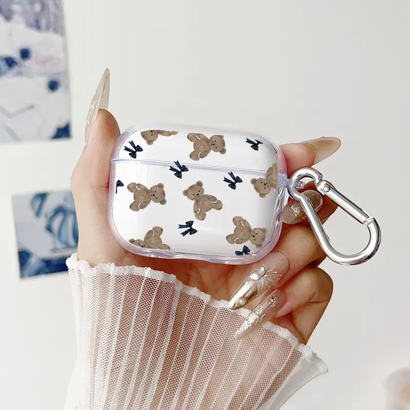 Teddy Bear Reverie Pattern Protective Case for AirPods 4/3/2/1/Pro/Pro2 Soft TPU Earphone Cover, Transparent with Keychain