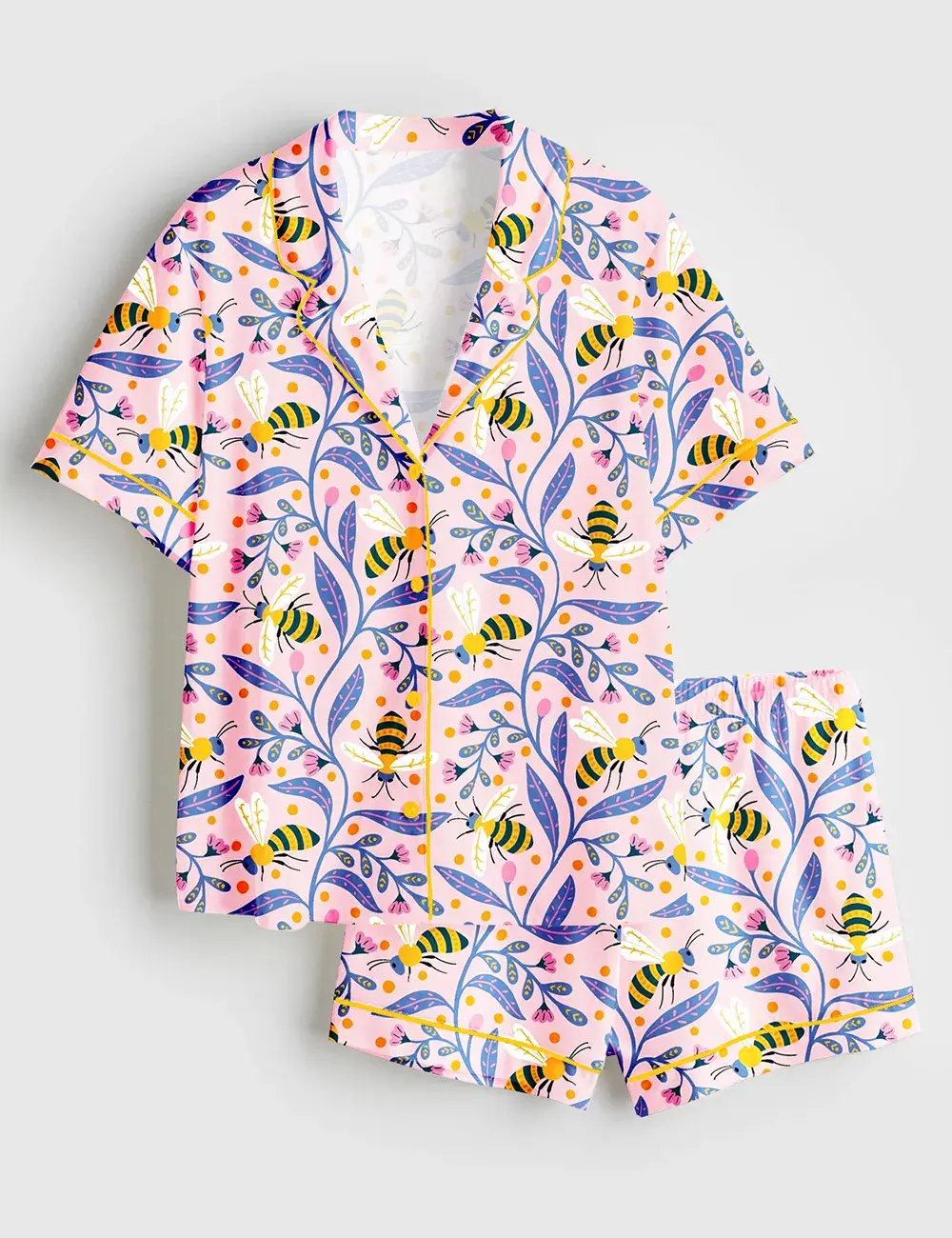 Colorful Bees And Flowers Long and Short Sleeve Pajama Set