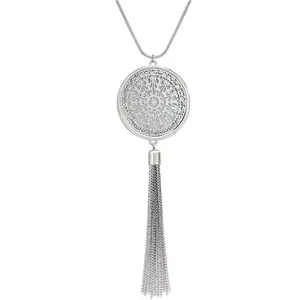 Long Necklaces For Woman Disk Circle Pendant Necklaces Tassel Fringe Necklace Set Statement Pendant