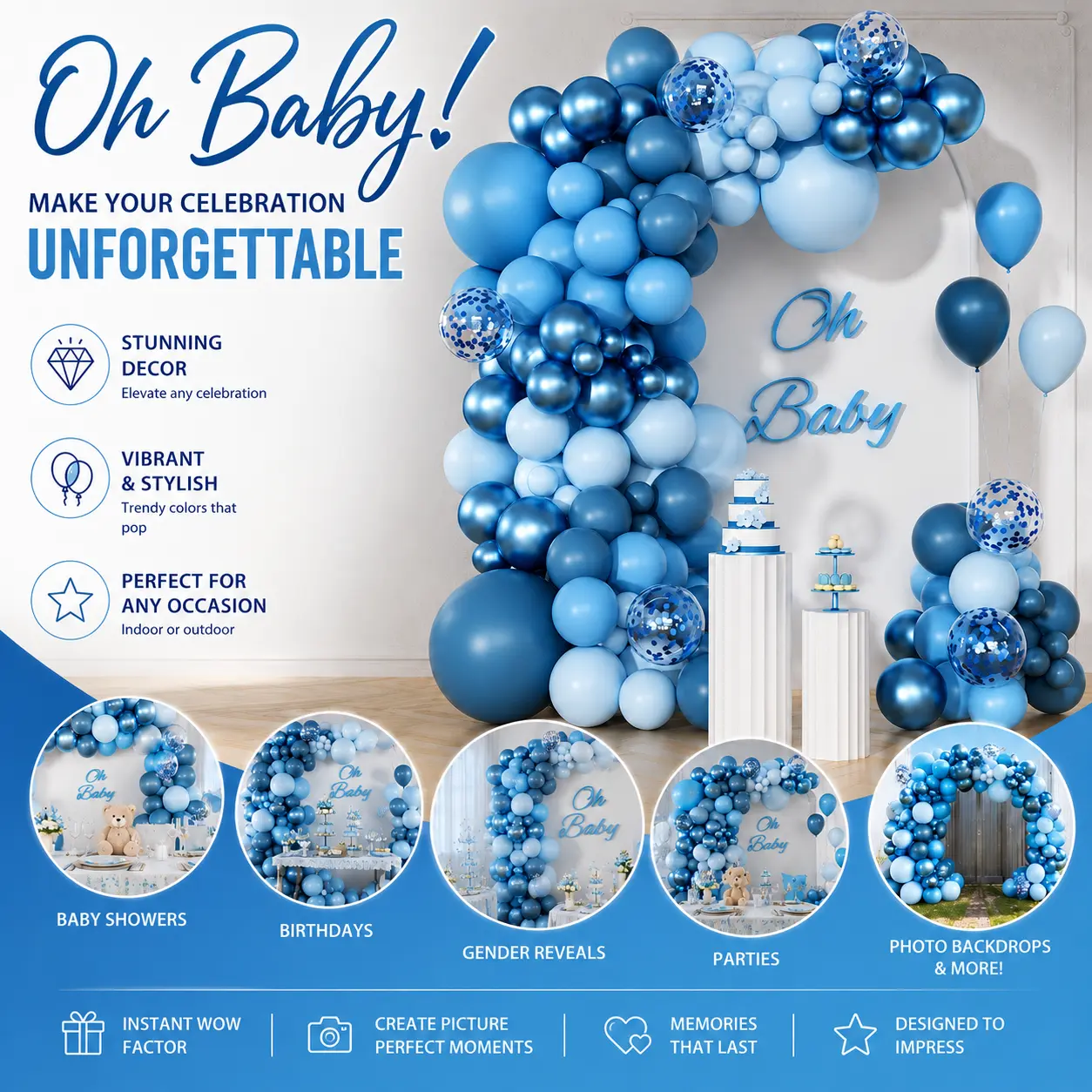 Blue Balloon Arch Kit, Matte & Metallic Royal Blue Balloon Garland with Confetti Balloons, Premium Theme Backdrop Decor for Adult Birthdays, Corporate Events, Parties & Celebrations