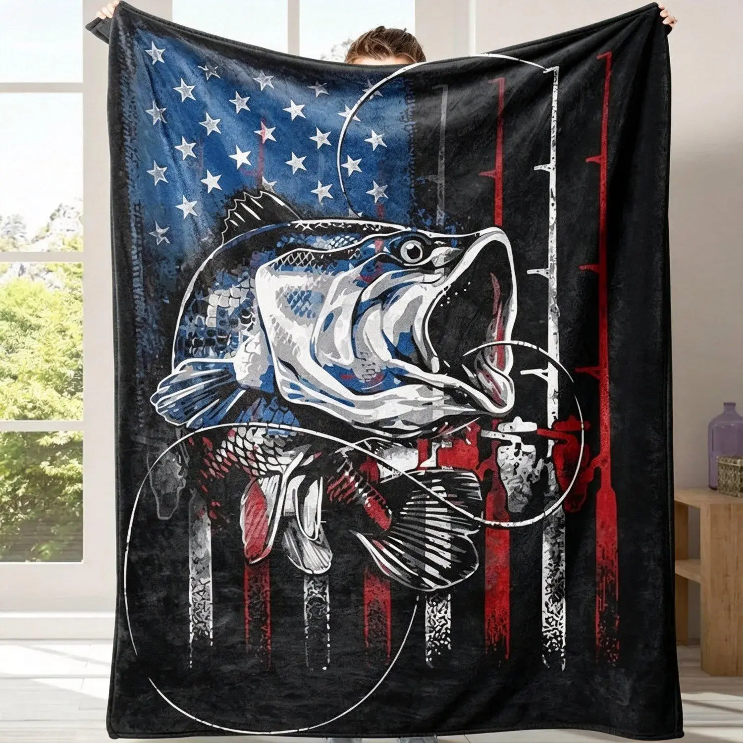 Flag & Fish Pattern Blanket, 1 Count Soft WarmNapping Throw Blanket with Storage Bag, CoolBedroom Bedding Blankets for Home OfficeTravel Camping