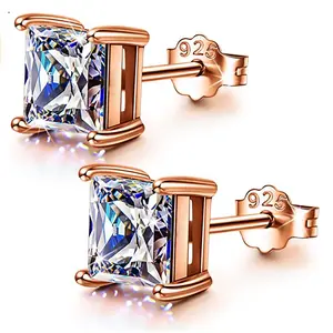 925 Sterling Silver Stud Earrings 4 Prong Princess Cut Square Cubic Zirconia Ear Stud for Women Men Girl CZ 4mm-7mm