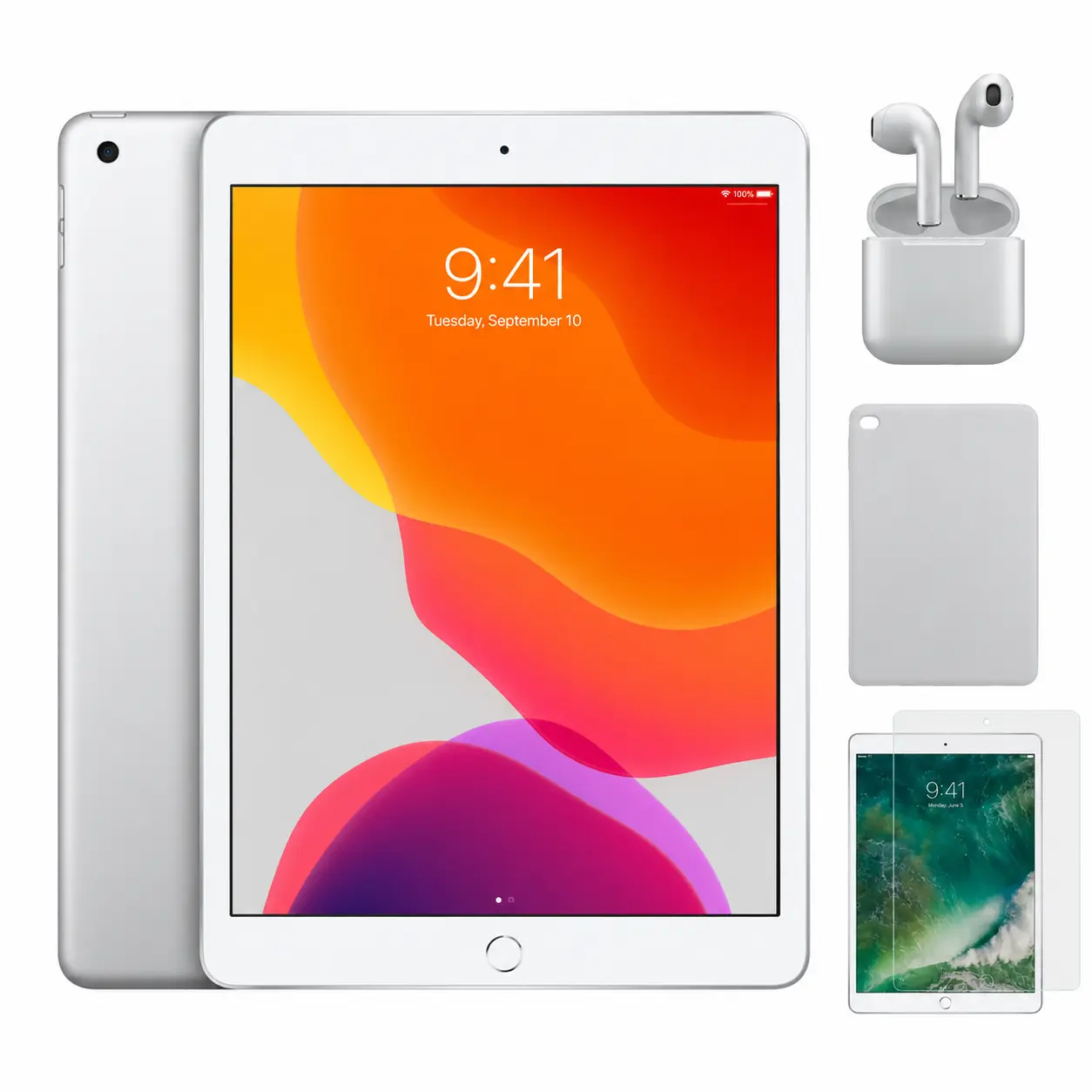 Refurbished iPad 7th Gen (WiFi Only, 32GB, Silver) - Excellent Condition with Case, Wireless Earbuds, Tempered Glass Screen Protector & 1 Year Warranty A2197