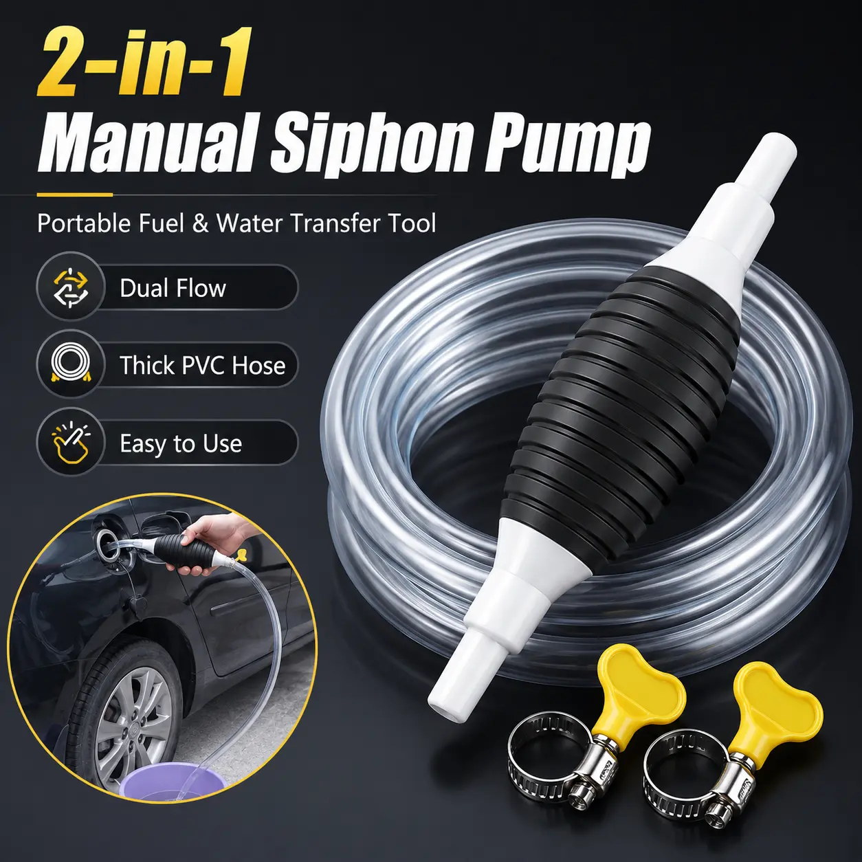 Portable Dual Flow Hand Siphon Pump 2 in 1 Multifunctional Design with Shut-off Valve, Practical Liquid Transfer Supply for Efficient Fuel and Water Extraction and Delivery