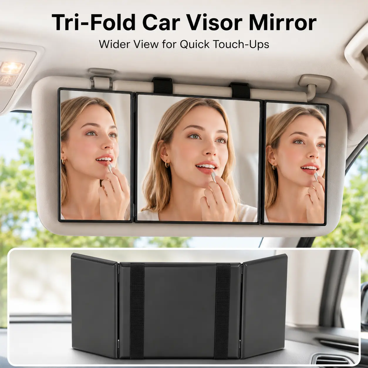 Tri-Fold Car Visor Vanity Mirror, Folding 3-Panel Makeup Mirror with Dual Elastic Straps, Slim Auto Interior Accessory for Quick Touch-Ups, Black