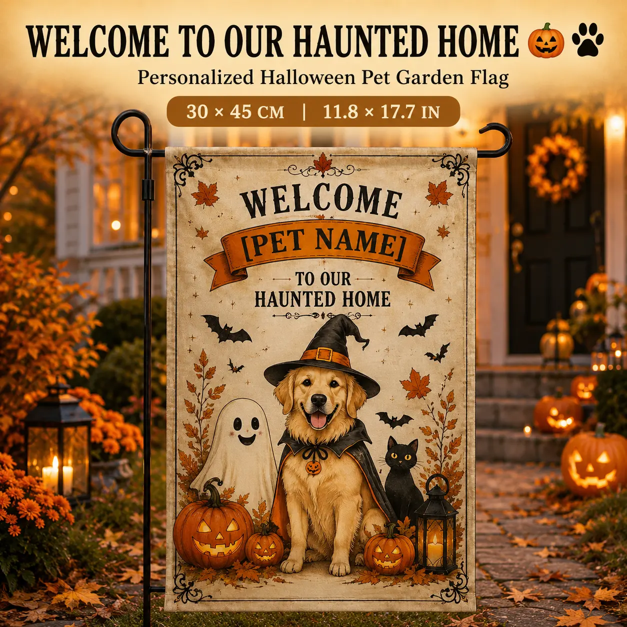 Welcome your guests with a personalized Halloween garden flag featuring your beloved pet!