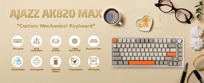 Ajazz AK820 Max Tri-Mode Mechanical Keyboard 2.4G Wireless Bluetooth USB-C 75% 82 Key Compact Layout 8000mAh Battery Hot-Swappable Gasket Mount PBT Keycaps RGB Backlit Metal Knob Fish Switch Grey Durable Keyboard Boyfriend Gift Valentine  keyboard