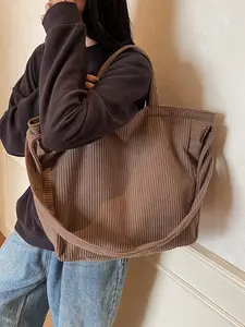 Casual Simple Large-Capacity Shoulder Tote Bag, Loose Shape, Solid Color, Retro Niche Design, Multiple Colors Optional, Suitable for Daily Commuting Shopping etc., Casual Trendy Bag, Minimalist Corduroy Tote, Handbag Tote Bag