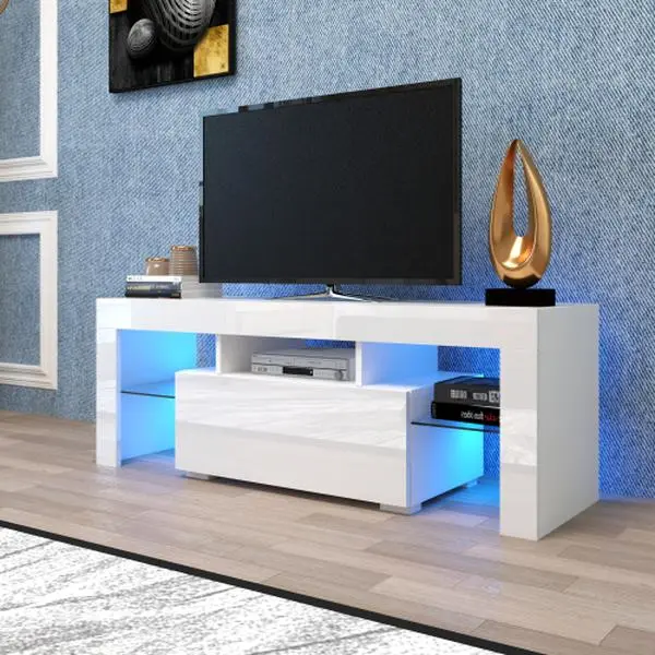 QuickassembleFashionTVstand 62.99x15.75x13.78inch White TVCabinet with 16 RGB LED BACKLIGHT 4 LIGHT MODES & REMOTE CONTROL for 65inch TV Living Room Bedroom Entertainment Center Modern Design Tv Console Table Tv Shelf