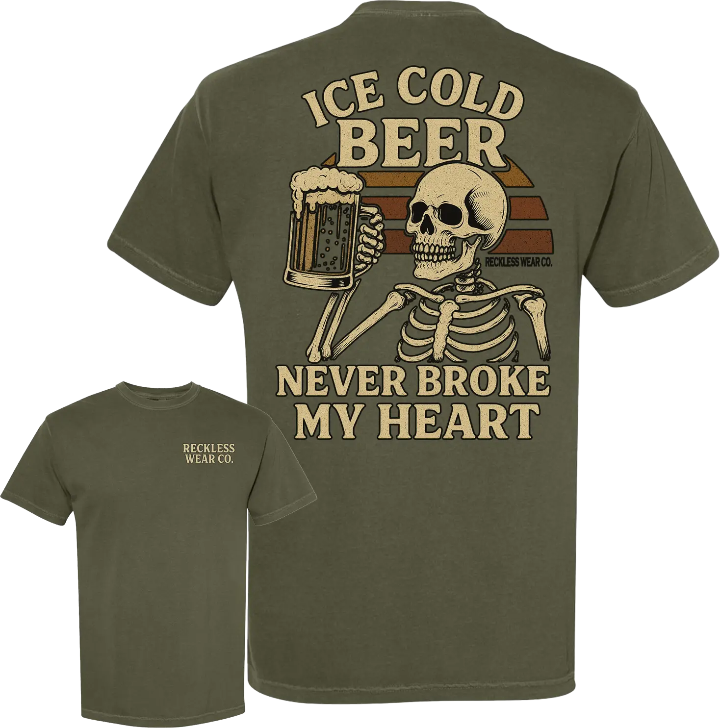 Men's Casual Streetwear Graphic T-Shirt - Short-Sleeve Round Neck Menswear Top with Back Pocket Logo, "Ice Cold Beer" Back Slogan Print, Island Reef Denim Accents, All Seasons, Standard Sizes Up to 3XL, Tops