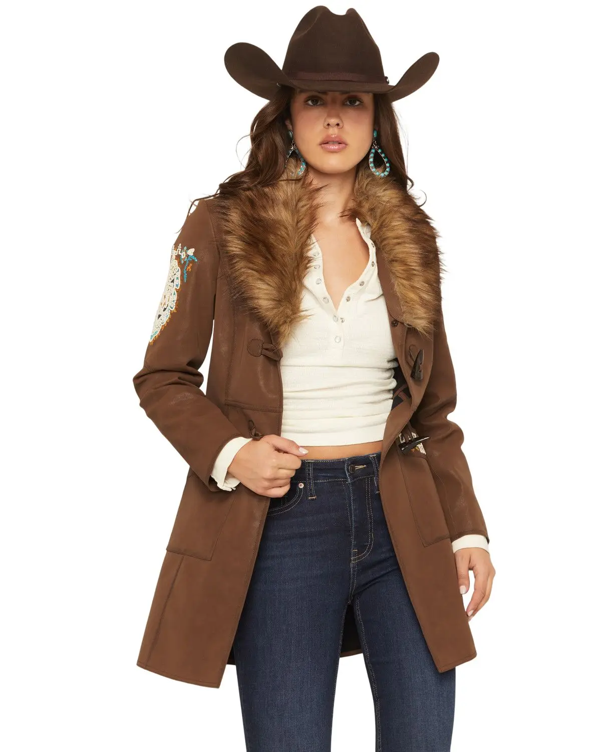 Shyanne Women's Women'S Faux Leather Fur Collar Embroidered Coat - Swfa25o7-Bn