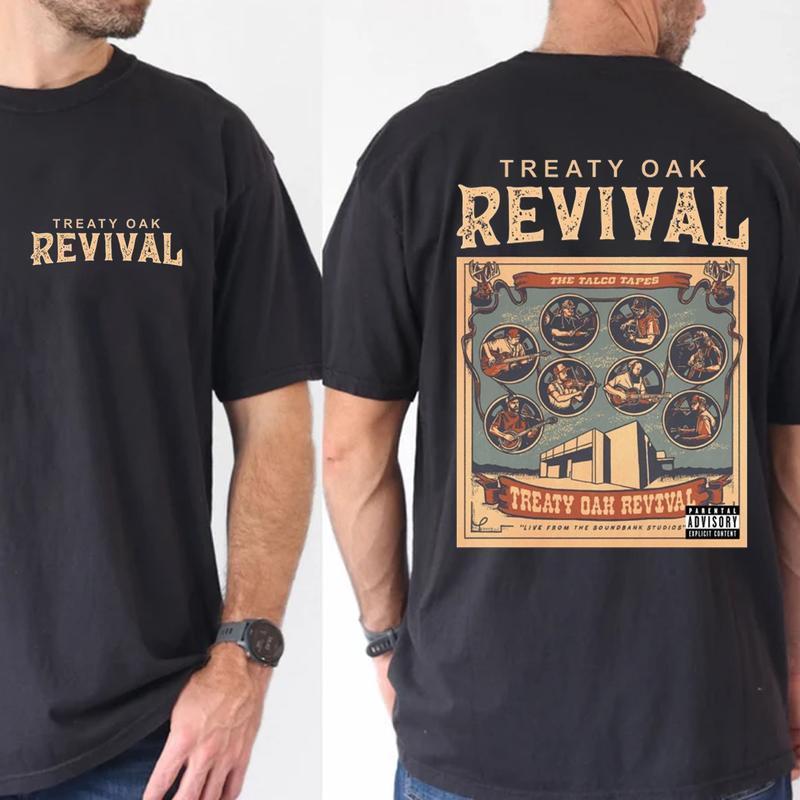 Treaty 0ak Revival Band 2 Sided Graphic Tee Ring Spun Cotton Casual Soft Washed T-Shirt Trendy Tops Perfect Gift
