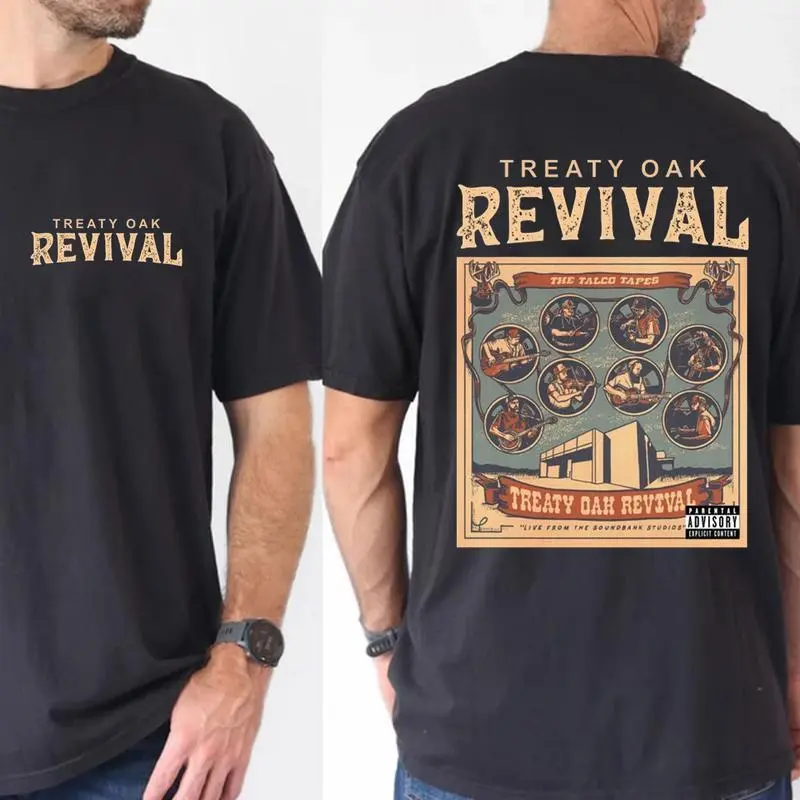 Treaty 0ak Revival Band 2 Sided Graphic Tee Ring Spun Cotton Casual Soft Washed T-Shirt Trendy Tops Perfect Gift