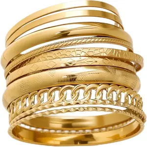 Gold Bangle Bracelets for Women, Indian Bangles Stackable Set, Multi Layer Textured 14K Gold Plated Chunky Bracelets Boho Jewelrys Set-USA