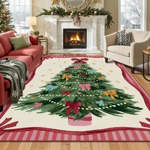Christmas Retro Tree Bow Light Bulb Carpet Mat, Washable Foldable Non-Slip Plush Rug, Vintage Printed Rugs, Holiday Decor for Living Room Bedroom Sofa Table