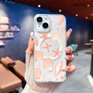 Phone Case - Seashells And Starfish with Soft Coral Ocean Breeze Vibes Transparent Acrylic Magnetic HD Clear Shockproof Printed Phone Case for iPhone 17 E Air Pro ProMax iPhone16 15 14 Plus 13 12 Mini 11 X XS XR Series Full Models Great